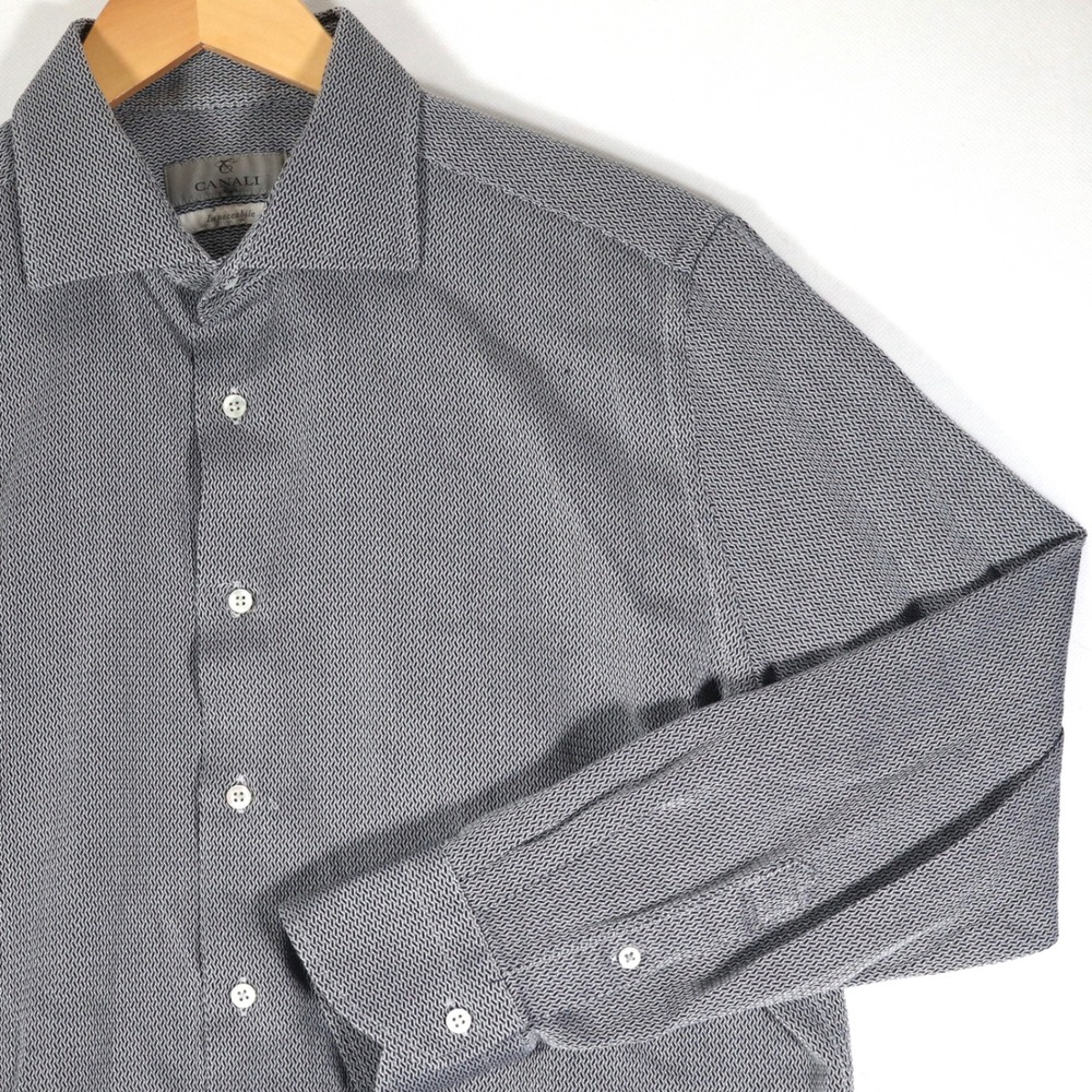 Canali Dress Shirt Mens 16.5 Navy White Impeccabile Micro Pattern Italy Business
